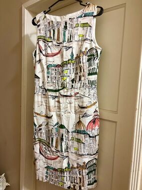 Sleeveless White Printed Sheath Dress with Multi-Color Cityscape